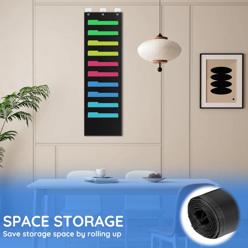 ZKOO 10 Pockets Hanging Wall File Organizer for A4 Size Paper/Legal/Letter Size Document, Sturdy Wall Mail Organizer Black Pocket Chart Great for Classroom, Office, Home Use with 3 Hangers - Image 5